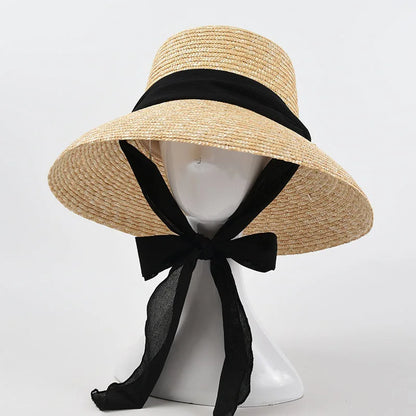 Chapéu de Palha Estilo Francês Hepburn – Aba Larga Flat Top Feminino Verão