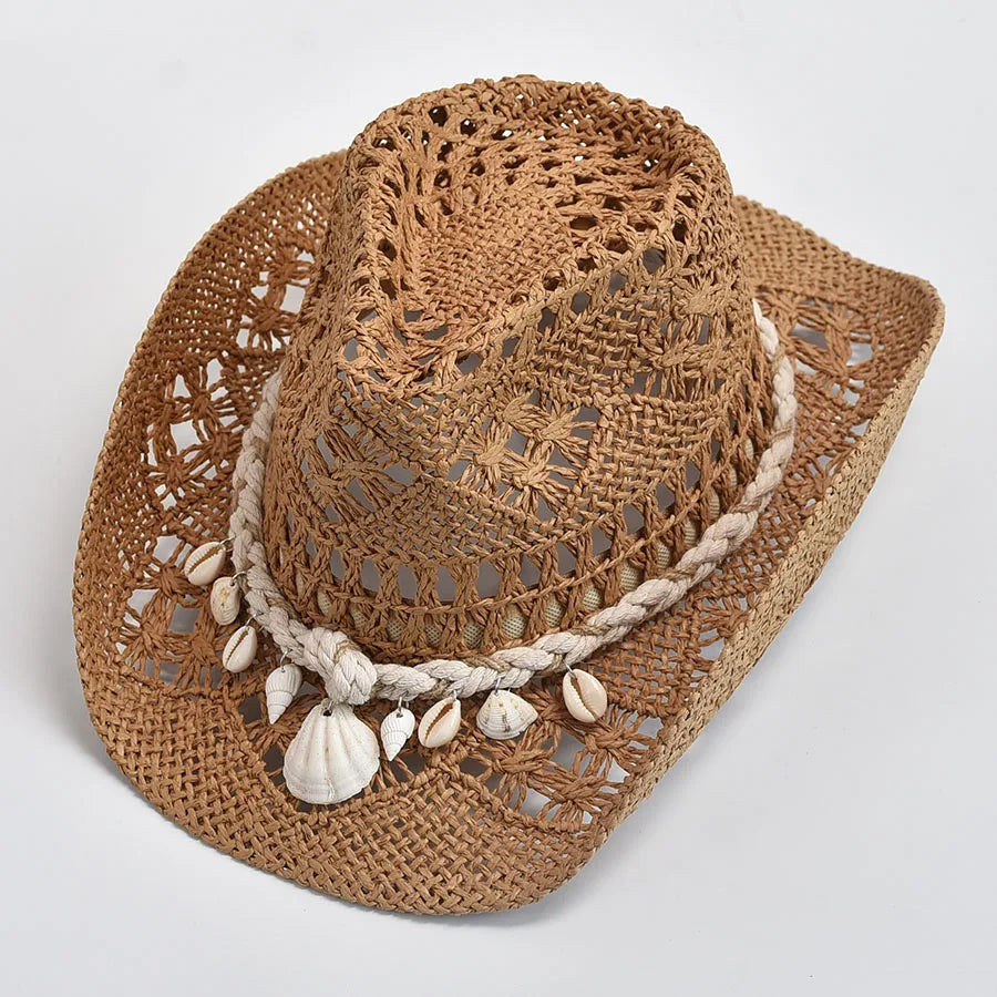Chapéu de Palha Tecido à Mão com Conchas – Panama Feminino Praia Verão