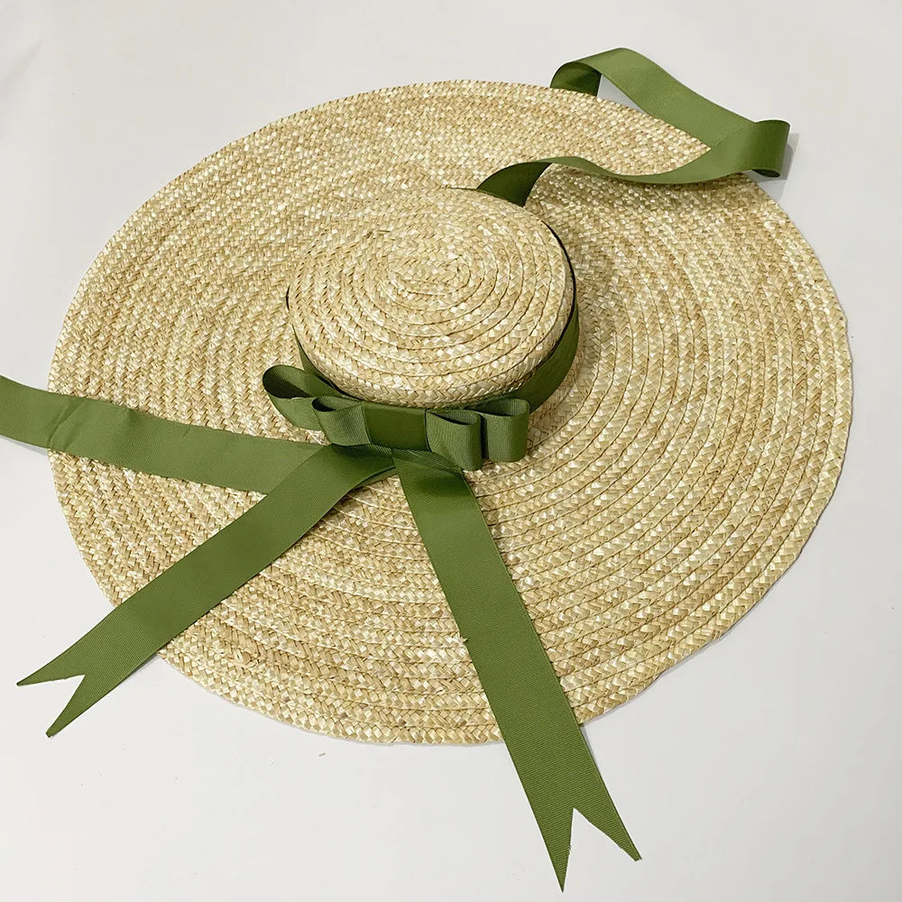 Chapéu de Palha Estilo Francês Hepburn – Aba Larga Flat Top Feminino Verão