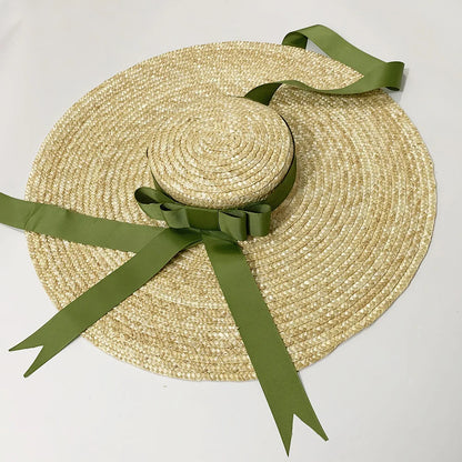 Chapéu de Palha Estilo Francês Hepburn – Aba Larga Flat Top Feminino Verão