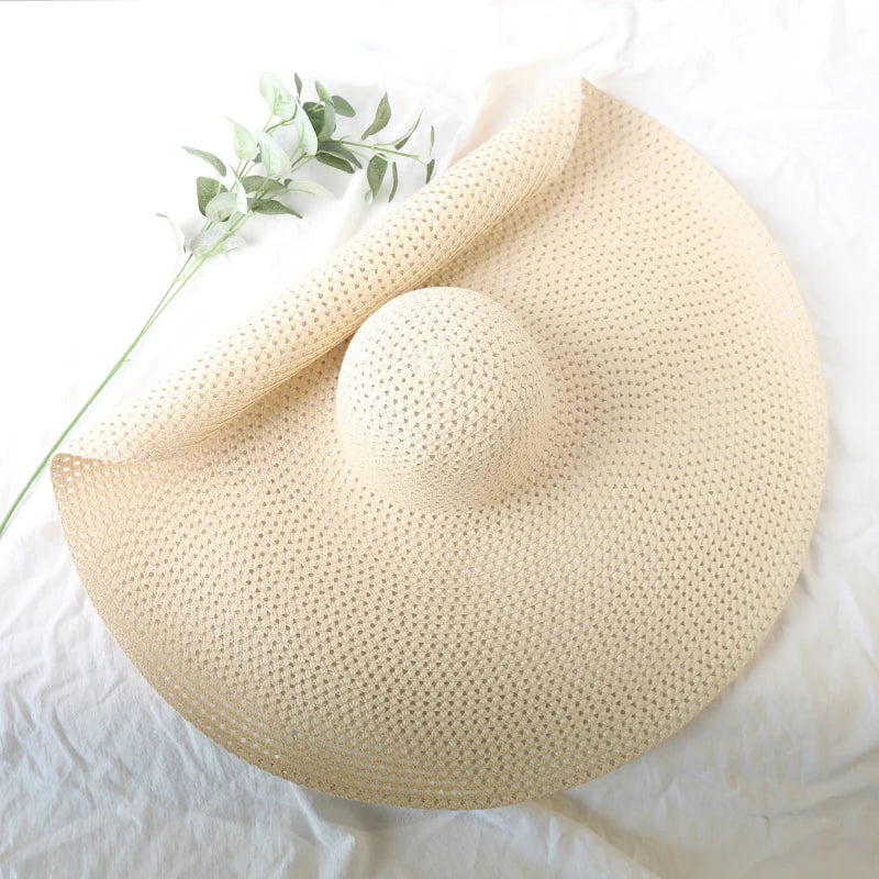 Chapéu de Sol de Palha Oversized Aba Larga 70cm – Dobrável Proteção UV Feminino