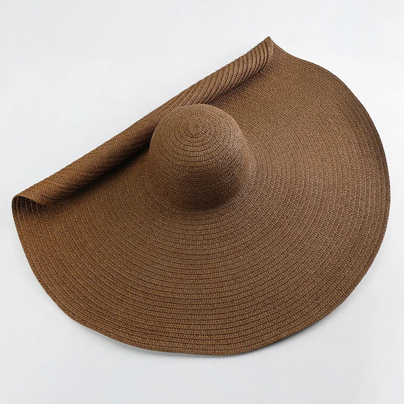 Chapéu de Sol de Palha Oversized Aba Larga 70cm – Dobrável Proteção UV Feminino