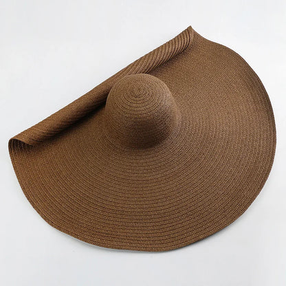 Chapéu de Sol de Palha Oversized Aba Larga 70cm – Dobrável Proteção UV Feminino
