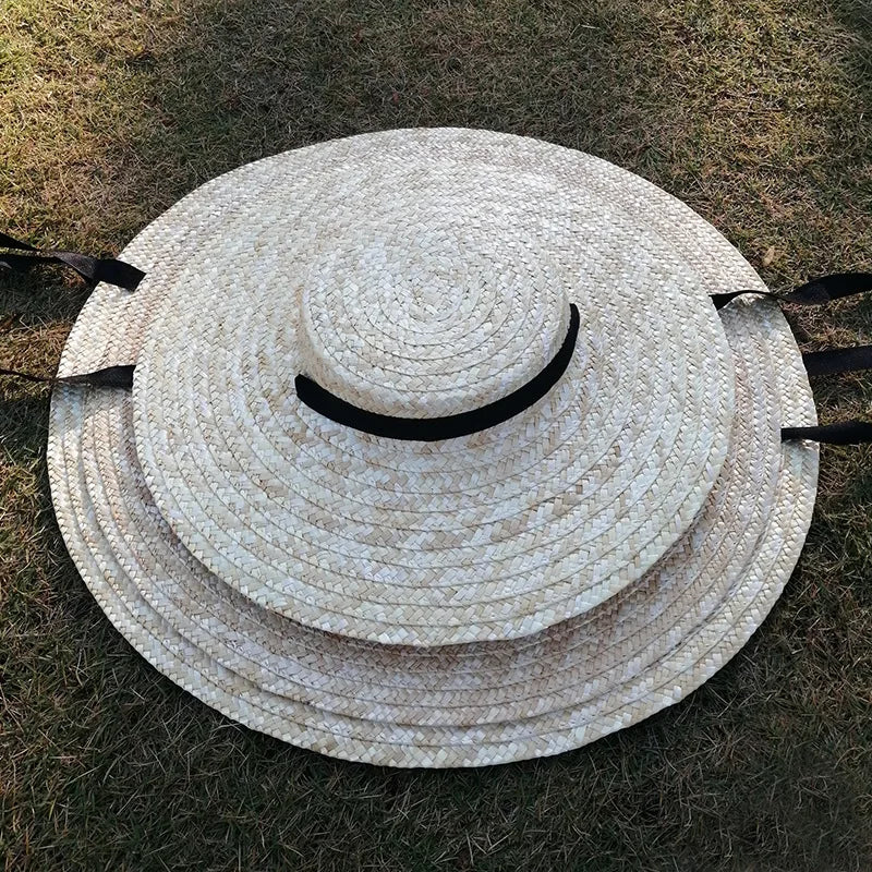 Chapéu de Sol de Palha Natural Aba Larga com Fita – Topo Plano Elegante Feminino