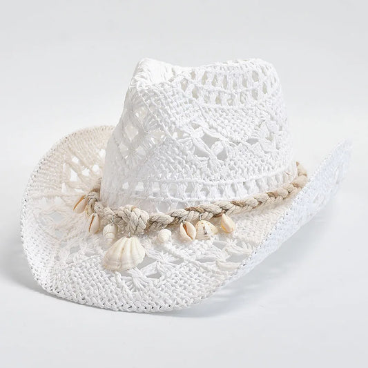 Chapéu de Palha Tecido à Mão com Conchas – Panama Feminino Praia Verão
