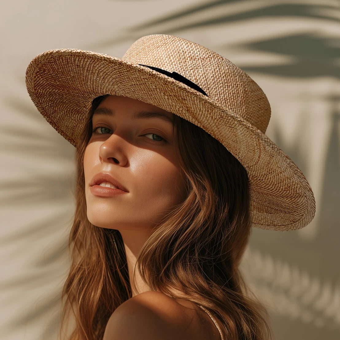 Classic natural straw Panama fedora hat with bow – wide brim breathable beach hat