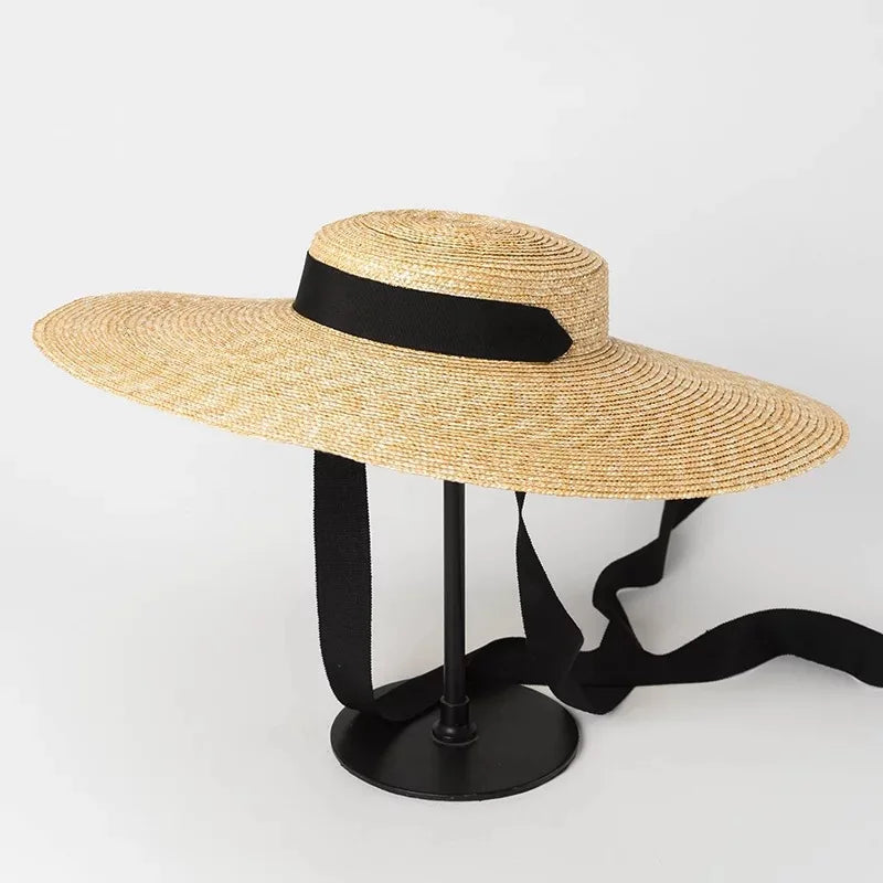 Chapéu de Sol de Palha Natural Aba Larga com Fita – Topo Plano Elegante Feminino