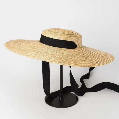 Chapéu de Sol de Palha Natural Aba Larga com Fita – Topo Plano Elegante Feminino