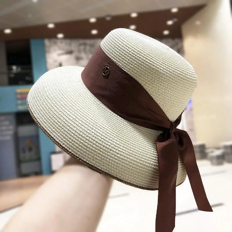 Chapéu de Sol de Palha Estilo Hepburn – Laço Retro Francês Aba Larga Feminino