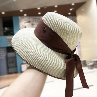 Chapéu de Sol de Palha Estilo Hepburn – Laço Retro Francês Aba Larga Feminino