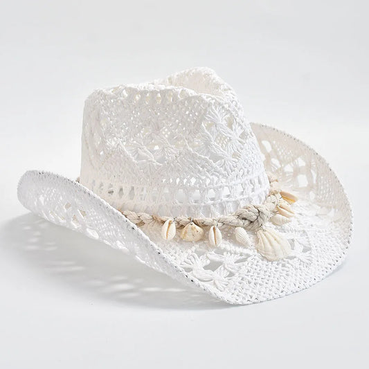 Chapéu de Palha Tecido à Mão com Conchas – Panama Feminino Praia Verão