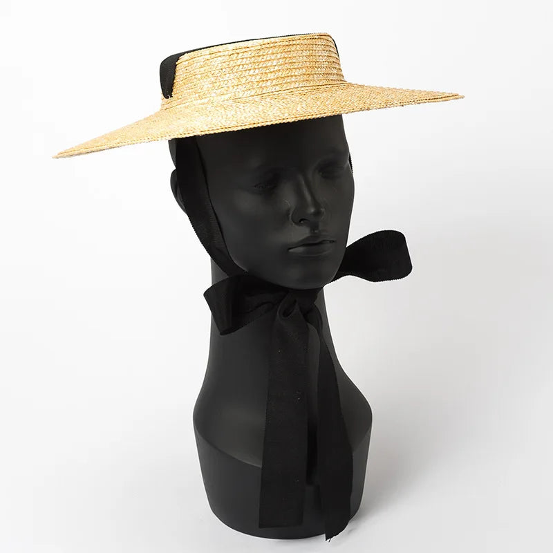 Chapéu de Sol de Palha Natural Aba Larga com Fita – Topo Plano Elegante Feminino