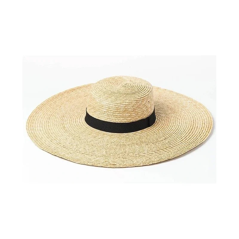 Chapéu de Palha Estilo Francês Hepburn – Aba Larga Flat Top Feminino Verão