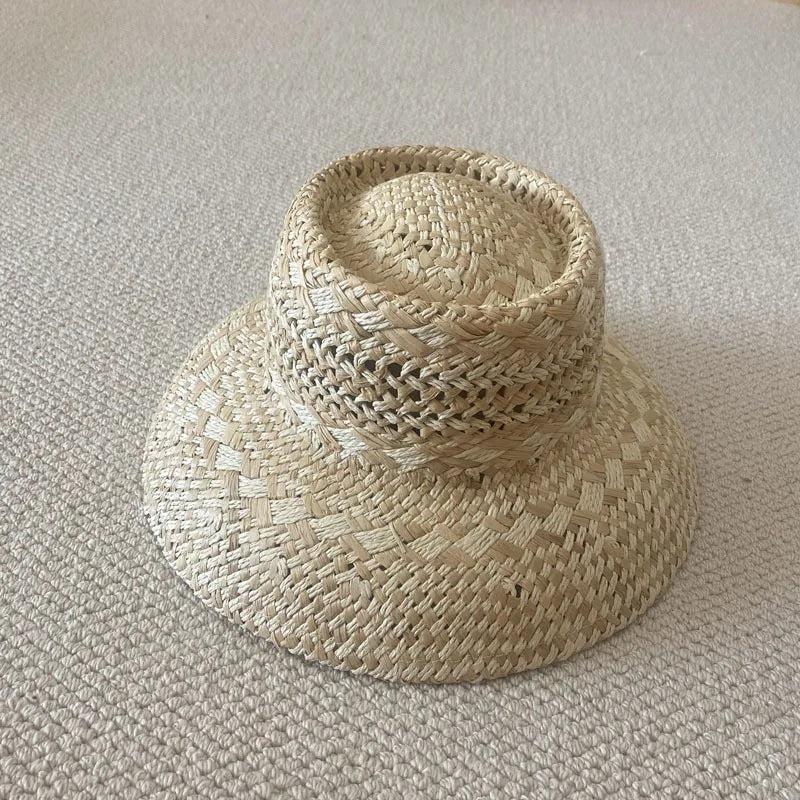 Chapéu de Sol Raffia Retro Francês – Oco Respirável Topo Côncavo Feminino Verão