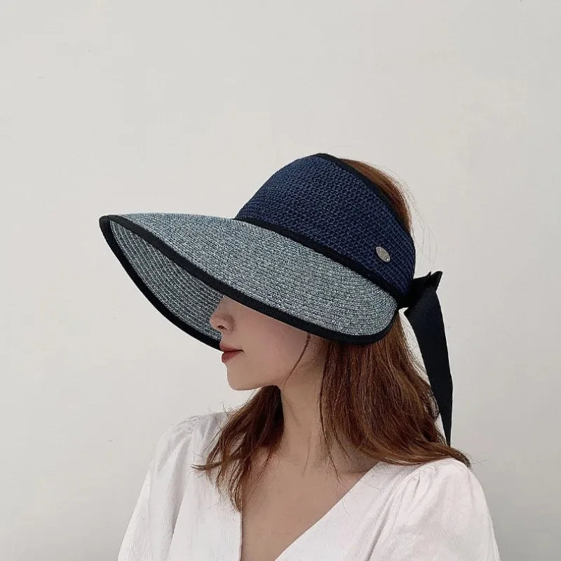 Chapéu de Sol de Palha Topo Vazio – Dobrável com Laço Proteção UV Feminino