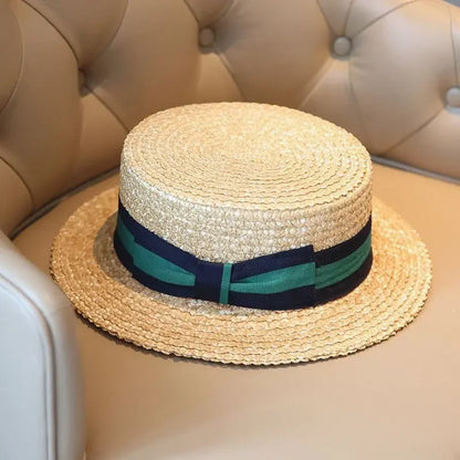 British striped natural straw boater hat – flat top casual unisex summer hat