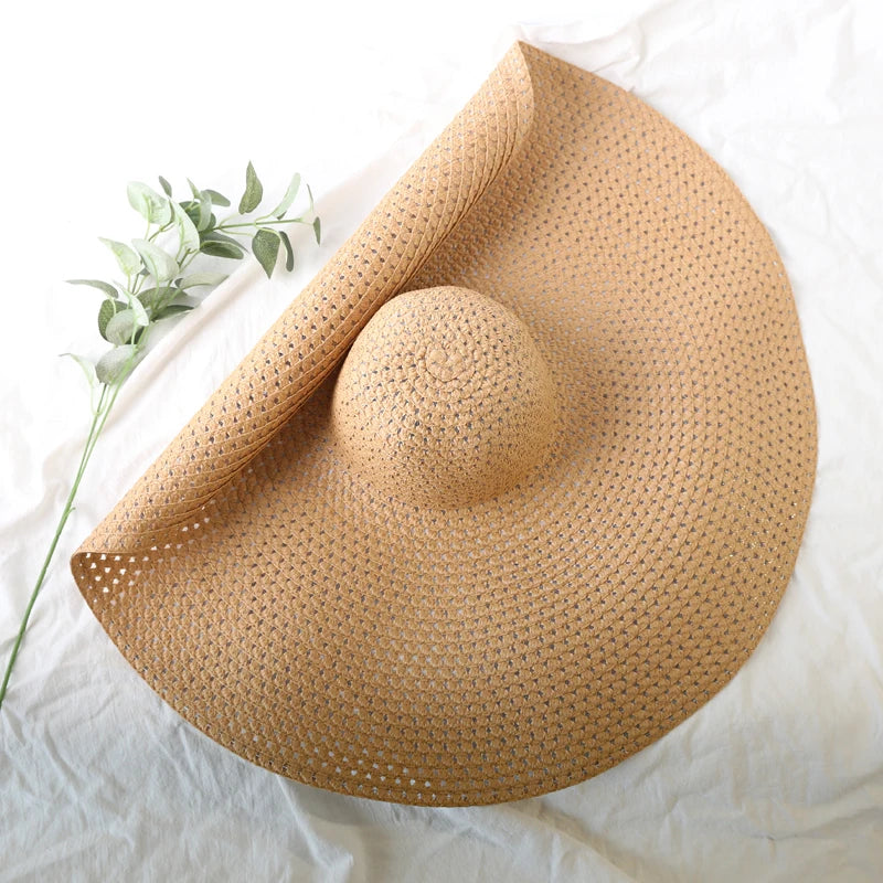Chapéu de Sol de Palha Oversized Aba Larga 70cm – Dobrável Proteção UV Feminino