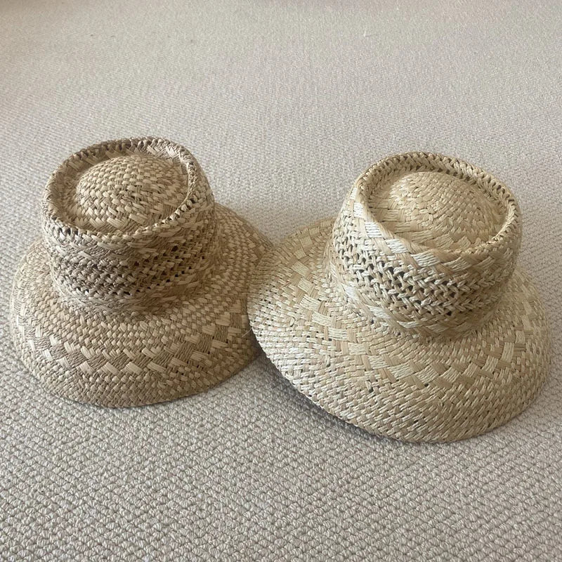 Chapéu de Sol Raffia Retro Francês – Oco Respirável Topo Côncavo Feminino Verão