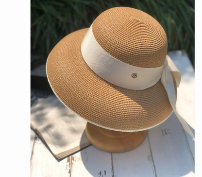 Chapéu de Sol de Palha Estilo Hepburn – Laço Retro Francês Aba Larga Feminino