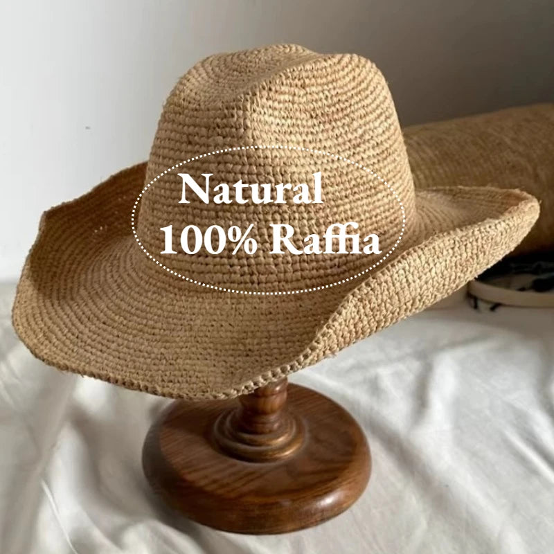 Handmade natural raffia crochet sun hat – wide brim breathable beach Panama hat
