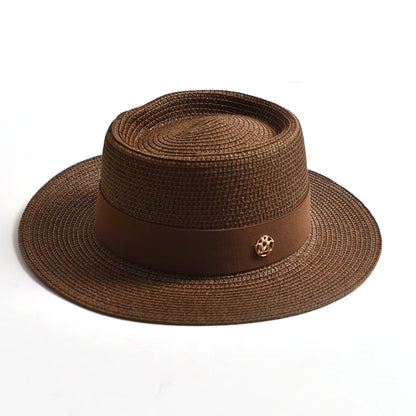 Chapéu de Sol de Palha Aba Plana com Fita – Fashion Feminino Praia Verão