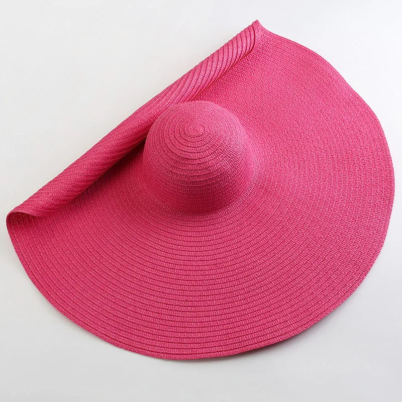 Chapéu de Sol de Palha Oversized Aba Larga 70cm – Dobrável Proteção UV Feminino