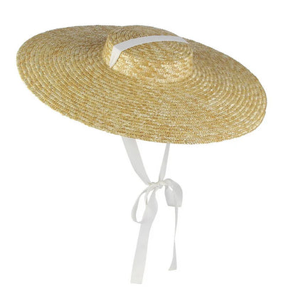 Chapéu de Sol de Palha Natural Aba Larga com Fita – Topo Plano Elegante Feminino