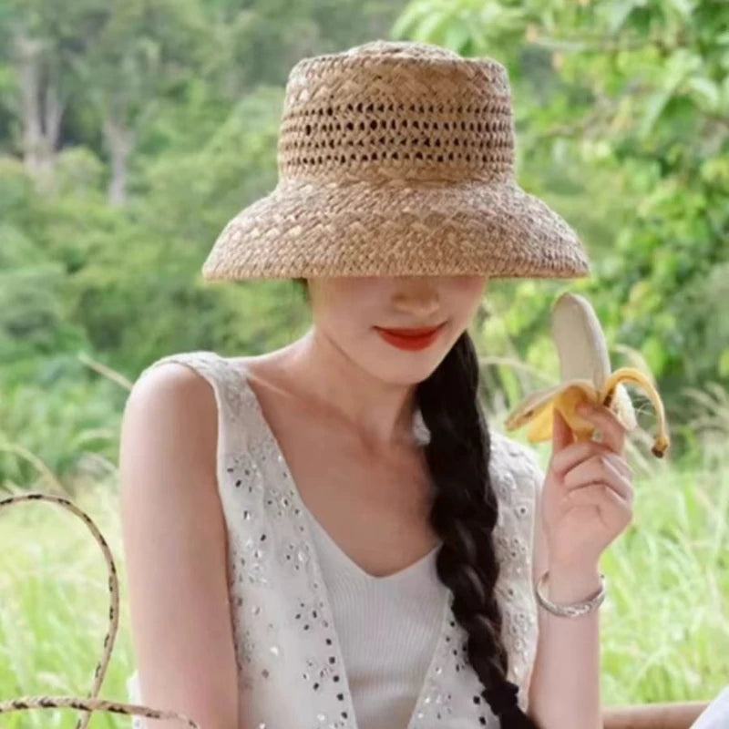 Chapéu de Sol Raffia Retro Francês – Oco Respirável Topo Côncavo Feminino Verão