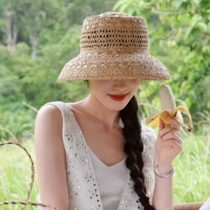 Chapéu de Sol Raffia Retro Francês – Oco Respirável Topo Côncavo Feminino Verão