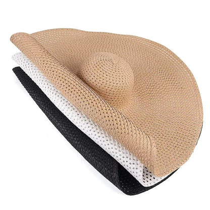 Chapéu de Sol de Palha Oversized Aba Larga 70cm – Dobrável Proteção UV Feminino
