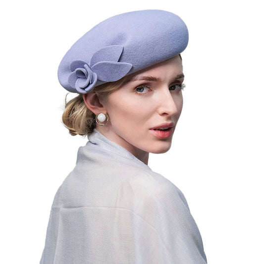 Light blue wool felt beret fascinator with flower – elegant formal church wedding hat