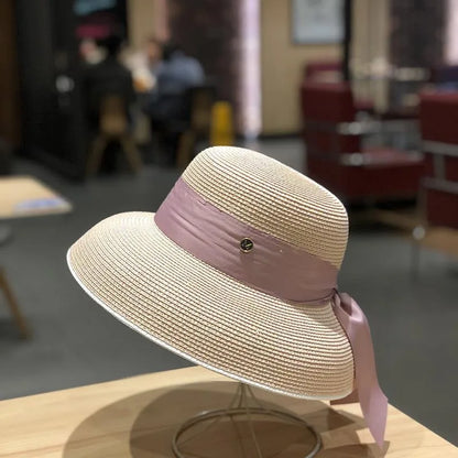 Chapéu de Sol de Palha Estilo Hepburn – Laço Retro Francês Aba Larga Feminino