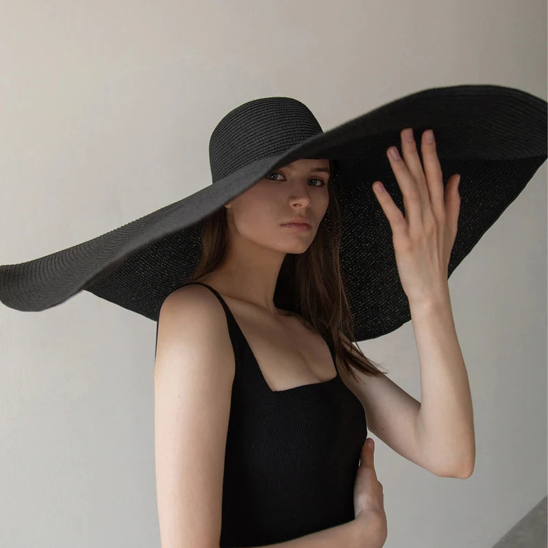 Chapéu de Sol de Palha Oversized Aba Larga 70cm – Dobrável Proteção UV Feminino