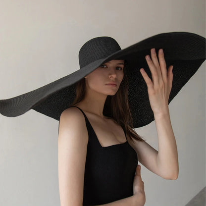 Chapéu de Sol de Palha Oversized Aba Larga 70cm – Dobrável Proteção UV Feminino