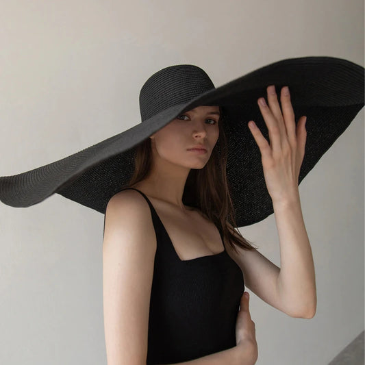 Chapéu de Sol de Palha Oversized Aba Larga 70cm – Dobrável Proteção UV Feminino