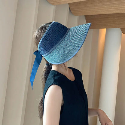 Chapéu de Sol de Palha Topo Vazio – Dobrável com Laço Proteção UV Feminino