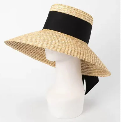 Chapéu de Palha Estilo Francês Hepburn – Aba Larga Flat Top Feminino Verão