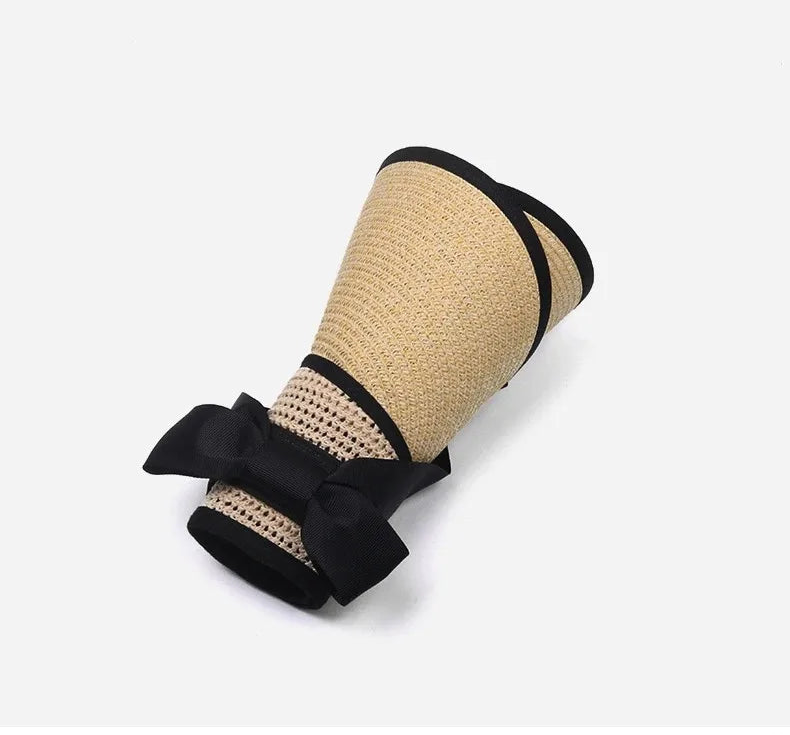 Chapéu de Sol de Palha Topo Vazio – Dobrável com Laço Proteção UV Feminino