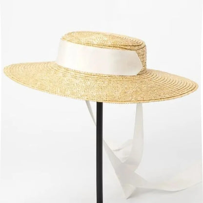 Chapéu de Palha Estilo Francês Hepburn – Aba Larga Flat Top Feminino Verão
