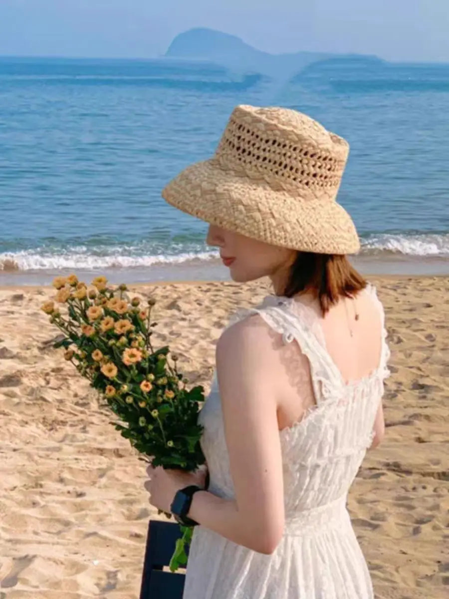 Chapéu de Sol Raffia Retro Francês – Oco Respirável Topo Côncavo Feminino Verão