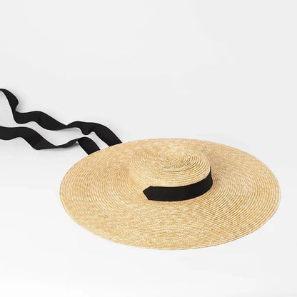 Chapéu de Sol de Palha Natural Aba Larga com Fita – Topo Plano Elegante Feminino