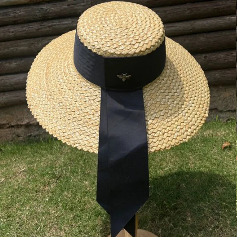 Chapéu de Palha Estilo Francês Hepburn – Aba Larga Flat Top Feminino Verão