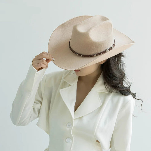 Wide brim wool cowboy hat with studded leather band – unisex western fedora