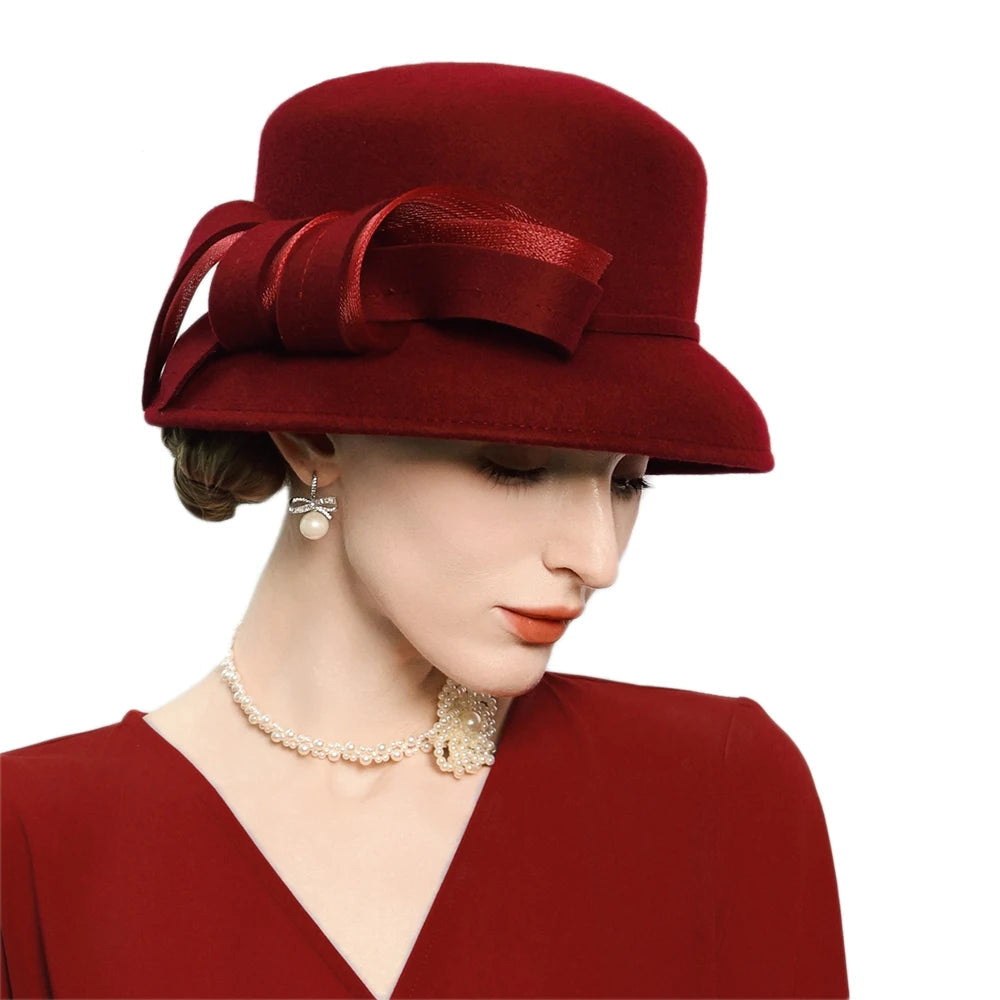 Wine red wool fedora bowler hat with bow – wide brim elegant women's church hat