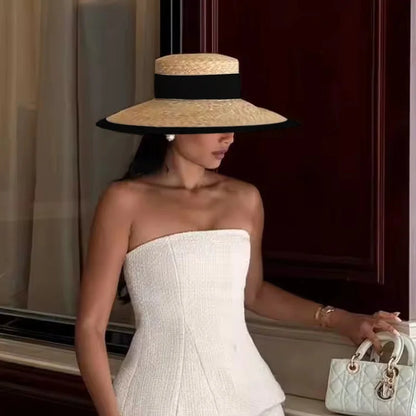 Chapéu de Palha Estilo Francês Hepburn – Aba Larga Flat Top Feminino Verão