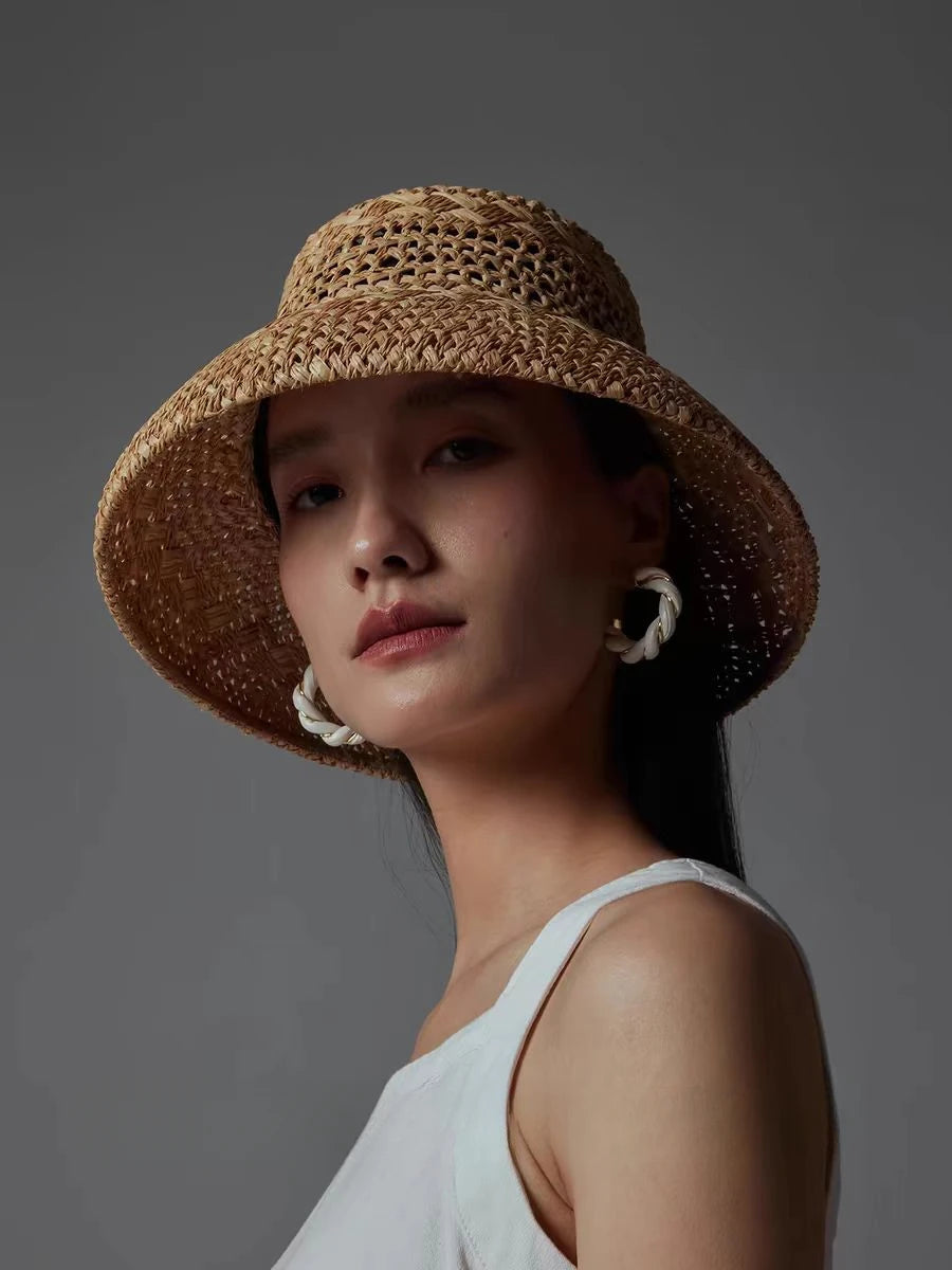 Chapéu de Sol Raffia Retro Francês – Oco Respirável Topo Côncavo Feminino Verão