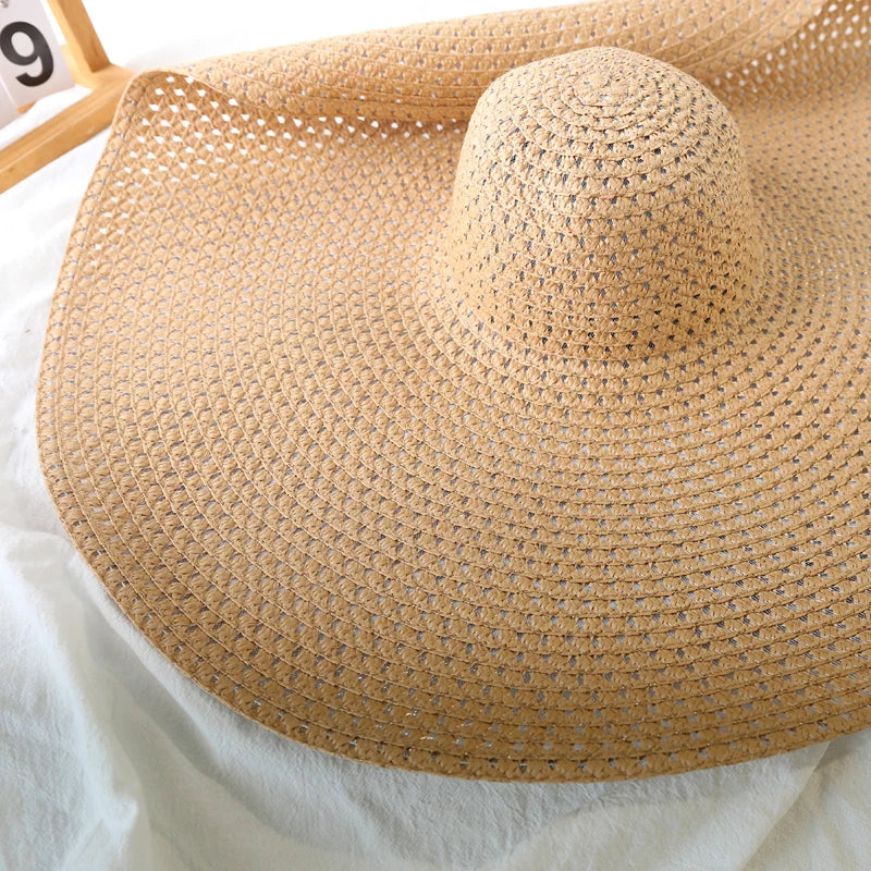 Chapéu de Sol de Palha Oversized Aba Larga 70cm – Dobrável Proteção UV Feminino