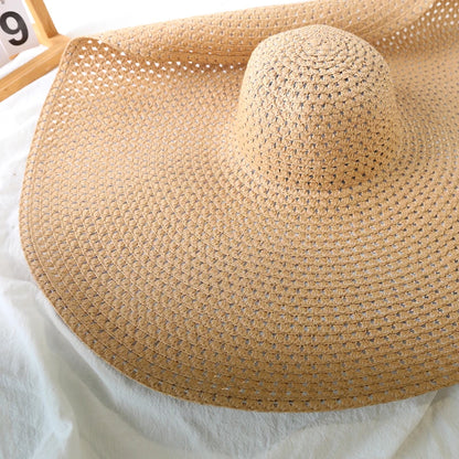 Chapéu de Sol de Palha Oversized Aba Larga 70cm – Dobrável Proteção UV Feminino