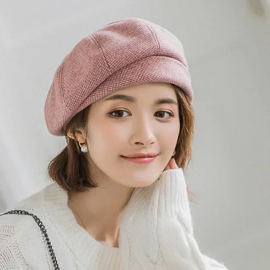 Vintage plaid octagonal wool beret – casual elegant women's autumn winter cap