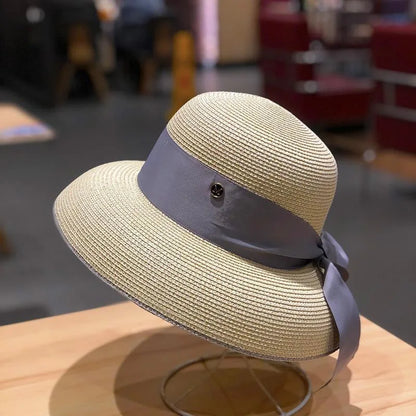 Chapéu de Sol de Palha Estilo Hepburn – Laço Retro Francês Aba Larga Feminino